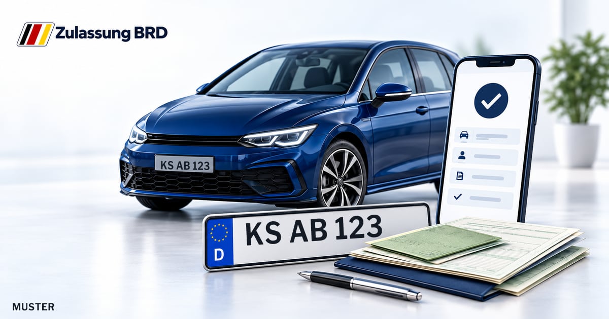 Online Fahrzeugzulassung in Schauenburg: Musterkennzeichen KS AB 123, Auto und Fahrzeugpapiere und Smartphone. Illustration mit Logo von Zulassung BRD.